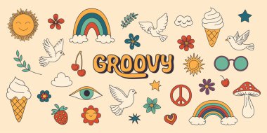 Vector Vintage Groovy Simgeleri ve Poster Tasarım Elemanları, Çıkartma Tasarımı. 70 'ler Hippi Tarzı Retro Sembolü, Mantar, Çiçekler, Göz, Savaş Karşıtı Barış Sembolleri. Vektör İllüstrasyonu.