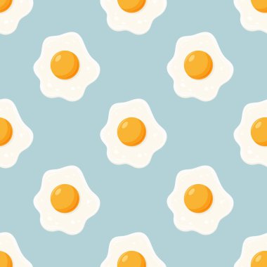 Kızarmış yumurtalı vektör pürüzsüz desen, Mavi Arkaplanda Sunny-Side-Up. Sağlıklı Kahvaltı, Protein Gıda İzi.