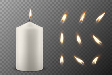 Vektör 3D Gerçekçi Parafin Parafin Yakma Partisi Spa Mumları ve Yanan Alevler Seti izole edildi. Mum, Mum Alevi Tasarım Gevşeme, Sağlık ve Kutlama Konsepti, Ön Görünüm Şablonu.