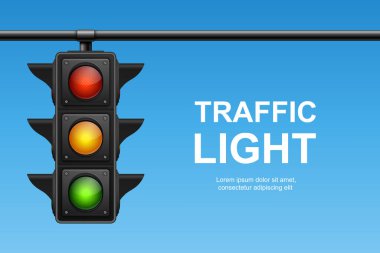 Yeşil, Sarı ve Kırmızı Işıklı Vektör Gerçekçi Trafik Sinyali. Mavi Gökyüzü Arkaplanda Trafik Işığı.