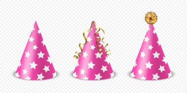 Vektör 3d Gerçekçi Pembe ve Beyaz Doğum Günü Partisi Şapka Simgesi İzole Edildi. Parti Afişi için Parti Cap Tasarım Şablonu, Tebrik Kartı. Tatil Şapkaları, Koni Şekli, Ön Görünüm.