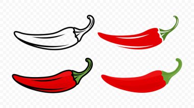 Çizgi film Red Hot Chili Pepper Icon Set Closeup, izole. El yapımı Baharatlı Biber, Vektör İllüstrasyonu.