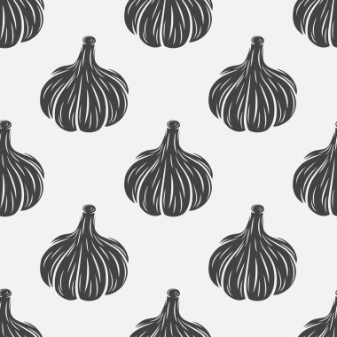 Beyaz arka planda, el yapımı sarımsak ampullü, kusursuz bir desen. Sebze Vektörü İllüstrasyonu. Sarımsak Kafa Düz Tarzlı. Baharat ve Gıda Tasarımı Elementi.