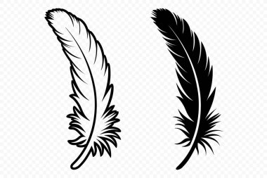 Vektör Siyah ve Beyaz Yumuşak Tüylü Logo Simgeleri. Siluet Tüy Seti Yakın plan izole edildi. Flamingo, Angel ve Kuş tüyü tasarım şablonu. Işık ve Özgürlük Konsepti.