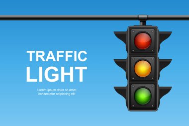 Yeşil, Sarı ve Kırmızı Işıklı Vektör Gerçekçi Trafik Sinyali. Mavi Gökyüzü Arkaplanda Trafik Işığı.