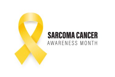 Sarkoma, Kemik Kanseri Banner, Kart, Beyaz Arkaplanda 3 boyutlu Gerçekçi Sarı Kurdele. Sarkoma Kanseri Bilinci Ay Sembol Kapanışı, Temmuz. Dünya Kemik Kanseri Günü Konsepti.
