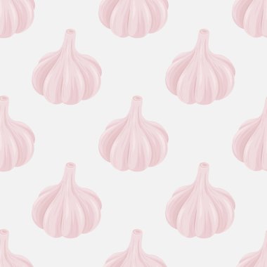 Beyaz arka planda, el yapımı sarımsak ampullü, kusursuz bir desen. Sebze Vektörü İllüstrasyonu. Sarımsak Kafa Düz Tarzlı. Baharat ve Gıda Tasarımı Elementi.