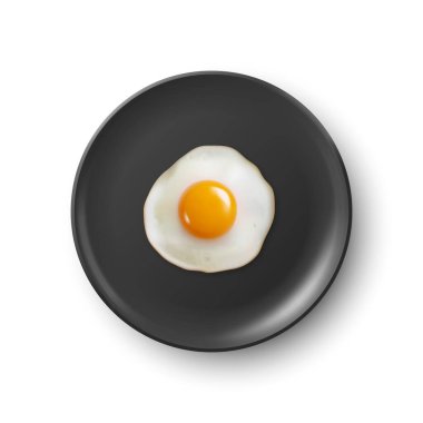Vector 3d Realistik Fried Egg on a Black Dish, Plate Closeup Top View 'da izole edildi. Çırpılmış yumurta, sahanda yumurta, omlet tasarımı. Lezzetli Kahvaltı, Yemek, Mutfak Konsepti.