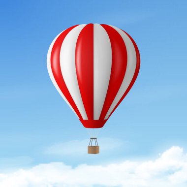 3d Gerçekçi Sıcak Hava Balon Simgesi ile Mavi Gökyüzü Arkaplanındaki Vektör Seyahat Sancağı. Tasarım Şablonu, Yaz Tatili, Seyahat, Turizm ve Seyahat Konsepti.