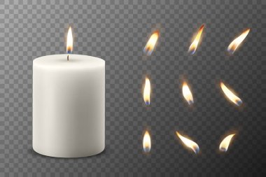 Vektör 3D Gerçekçi Parafin Parafin Yakma Partisi Spa Mumları ve Yanan Alevler Seti izole edildi. Mum, Mum Alevi Tasarım Gevşeme, Sağlık ve Kutlama Konsepti, Ön Görünüm Şablonu.