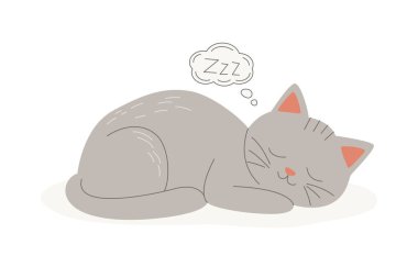 Vektör Düz Gri Uyuyan Kedi. Uyuyan Kedi çizgi filmi izole edildi. Sevimli ve Komik Kedi Ön Görüşte.