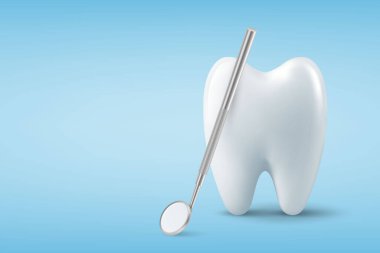 Diş Denetim Pankartı, Poster. Mavi Arkaplan 'da Dişli Dişçi Aynası ve Diş Simgesi Kapanışı. Tıbbi Dişçi Aracı. Tasarım Şablonu. Diş Sağlığı Konsepti.