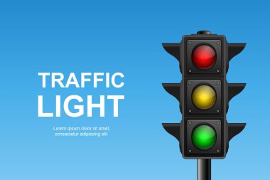 Yeşil, Sarı ve Kırmızı Işıklı Vektör Gerçekçi Trafik Sinyali. Mavi Gökyüzü Arkaplanda Trafik Işığı.