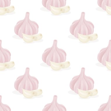 Elle çizilmiş sarımsaklı ampullü vektörsüz desen, Beyaz Arkaplan 'a yakın çekim. Sebze İllüstrasyonu. Tam sarımsak kafa ve soyulmuş sarımsaklı karanfil. Baharat, Gıda Baskısı.