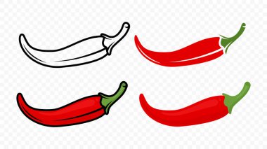 Çizgi film Red Hot Chili Pepper Icon Set Closeup, izole. El yapımı Baharatlı Biber, Vektör İllüstrasyonu.