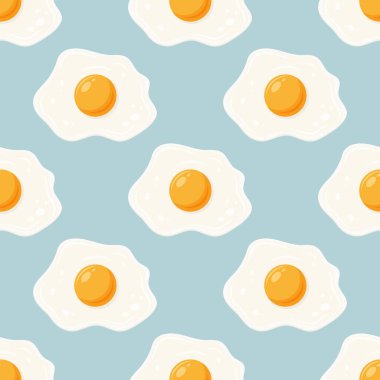 Kızarmış yumurtalı vektör pürüzsüz desen, Mavi Arkaplanda Sunny-Side-Up. Sağlıklı Kahvaltı, Protein Gıda İzi.