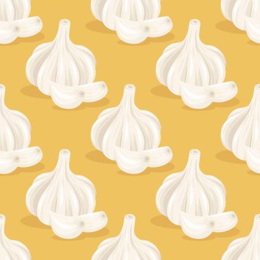 Sarımsak Ampulü ve Sarı Arkaplan 'a Kapanış Yapılı Kusursuz Şablon. Sebze İllüstrasyonu. Sarımsak Kafa ve Soyulmuş Sarımsak Karanfilleri Düz Stil.