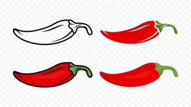 Çizgi film Red Hot Chili Pepper Icon Set Closeup, izole. El yapımı Baharatlı Biber, Vektör İllüstrasyonu.