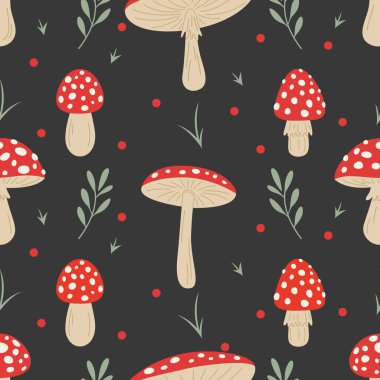 Elle çizilmiş Karikatür Uçan Agarik Mantarlı Vektör Kusursuz Desen. Amanita Muscaria, Fly Agaric Illustration, Mantarlar. Sihirli Mantar Yazdırma, Tasarım Şablonu.
