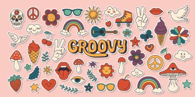Vector Vintage Groovy Simgeleri, Poster Tasarım Elemanları, Çıkartma Tasarımı. 70 'ler Hippi Tarzı Retro Sembolü, Mantar, Çiçekler, Göz, Savaş Karşıtı Barış Sembolleri. Vektör İllüstrasyonu.