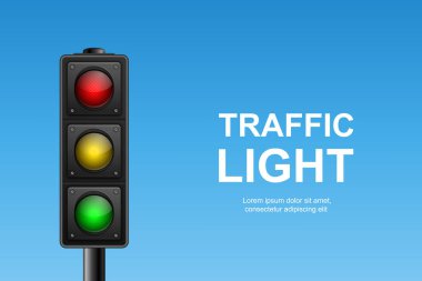 Yeşil, Sarı ve Kırmızı Işıklı Vektör Gerçekçi Trafik Sinyali. Mavi Gökyüzü Arkaplanda Trafik Işığı.