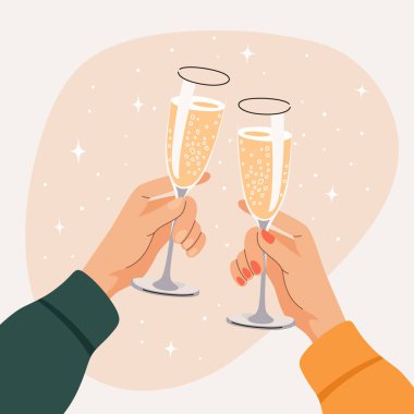 İki insan eli - bir erkek ve bir kadın - köpüklü şarap kadehleri. Şarap kadehi tutan iki kişi. Tatilleri Kutlayan Karakterler. Parti Konsepti. Düz Çizgi film Vektör İllüstrasyonu.