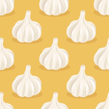 Sarı arka planda, el yapımı sarımsak ampullü, kusursuz bir desen. Sebze Vektörü İllüstrasyonu. Sarımsak Kafa Düz Tarzlı. Baharat ve Gıda Tasarımı Elementi.