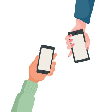 Düz Vektör Eller Akıllı Telefonlar, Sohbet Mesajı Bildirimleri Gösteriliyor. Cep telefonu Kavrama Arkaplanı. Cep telefonu ekranında SMS Bubbles. İnsanlar sohbet ediyor. Vektör İllüstrasyonu.