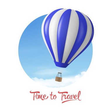 Seyahat zamanı. 3d Gerçekçi Sıcak Hava Balon Simgesi ile Vector Banner, Mavi Gökyüzü Arkaplanında, Beyazda İzole Edildi. Marka Tasarım Şablonu. Yaz Tatili, Seyahat, Turizm ve Seyahat Konsepti