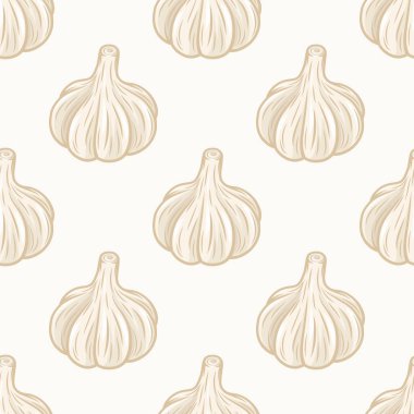 Beyaz arka planda, el yapımı sarımsak ampullü, kusursuz bir desen. Sebze Vektörü İllüstrasyonu. Sarımsak Kafa Düz Tarzlı. Baharat ve Gıda Tasarımı Elementi.