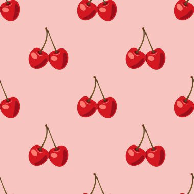 Pembe Arkaplanda Kiraz Çifti ile Kusursuz Şablon. Sevgililer Günü için Şirin Kirazlar, Sevgiler, Romantizm Konsepti.