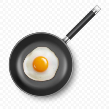 Vektör 3d Fried Egg in the Frying Pan, Top View 'da izole edildi. Çırpılmış yumurta, sahanda yumurta, omlet tasarımı. Lezzetli Kahvaltı, Yemek, Mutfak Konsepti.