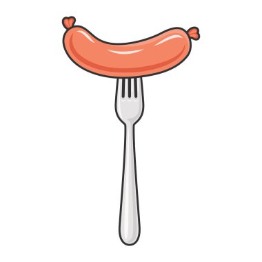 Beyaz arka planda izole edilmiş Vektör Düz Sosis ve Çatal Simgesi. Çizgi film Stili Sosis ve Çatal Tasarım Şablonu, Renk Çizimi. Gıda ve Mutfak Konsepti.