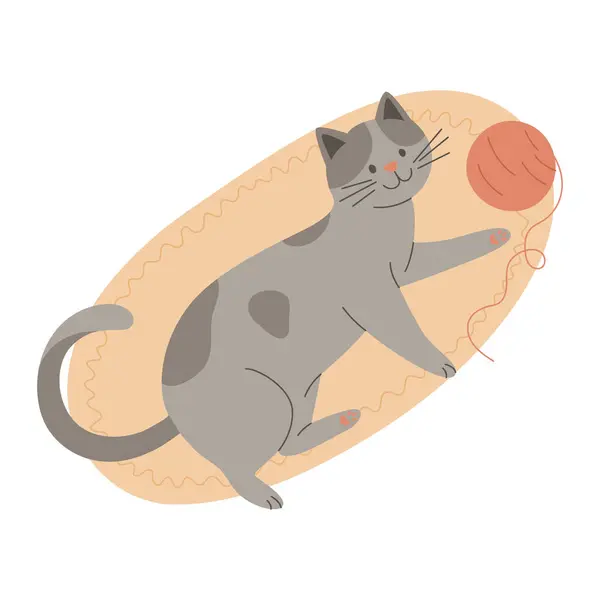 stock vector Vector Flat Playing Gray Tabby Cat with a Ball of Thread. Cartoon Cat. Cute and Funny Cat in Side View.