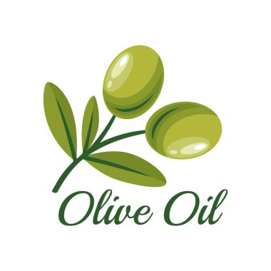 Düz Vektör Yeşil Zeytin. Dala konmuş zeytin meyveleri. El yapımı zeytin ağacı meyveli Clipart. Zeytinyağı Ürünleri, Paketleme, Gıda Konsepti için Zeytin Yağı Logosu Şablonu.