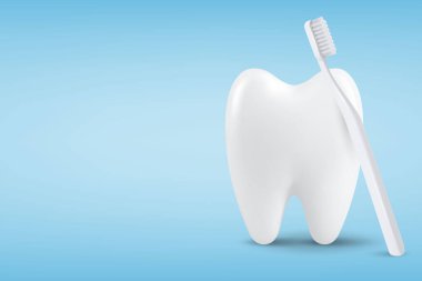 Diş Sancağı, Poster. Mavi Arkaplan 'da Diş İkonası Kapanışı ile Gerçekçi Diş Fırçası. Tıbbi Dişçi Tasarım Şablonu. Diş Sağlığı Konsepti.