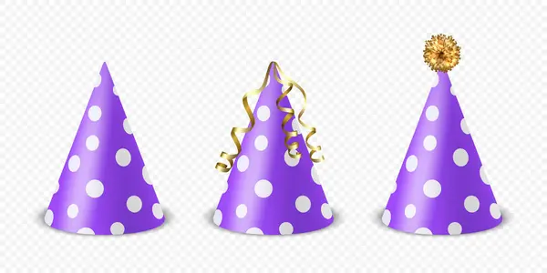 stock vector Vector 3d Realistic Purple and White Birthday Party Hat Icon Set Isolated. Party Cap Design Template for Party Banner, Greeting Card. Holiday Hats, Cone Shape, Front View.