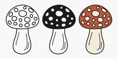 Düz Vektör El Çizim Çizim Karikatürü Uçan Agarik Mantarlar Çizim Çizimi. Amanita Muscaria, Fly Agaric Illustration, Mantarlar. Sihirli Mantar Simgeleri, Tasarım Şablonu.