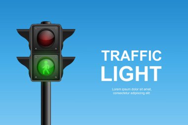 Yeşil, Sarı ve Kırmızı Işıklı Vektör Gerçekçi Trafik Sinyali. Yaya Sinyali. Mavi Gökyüzü Arkaplanda Trafik Işığı.