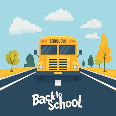 Çizgi film okul otobüsü yolda, Front View. Okul Konsepti Banner 'a dönüyoruz. Sarı Okul Otobüsü İllüstrasyonu. Okul servisine. Vektör İllüstrasyonu.