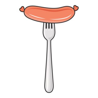 Beyaz arka planda izole edilmiş Vektör Düz Sosis ve Çatal Simgesi. Çizgi film Stili Sosis ve Çatal Tasarım Şablonu, Renk Çizimi. Gıda ve Mutfak Konsepti.