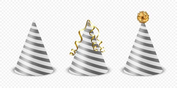 stock vector Vector 3d Realistic Gray and White Birthday Party Hat Icon Set Isolated. Party Cap Design Template for Party Banner, Greeting Card. Holiday Hats, Cone Shape, Front View.