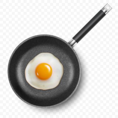 Vektör 3d Fried Egg in the Frying Pan, Top View 'da izole edildi. Çırpılmış yumurta, sahanda yumurta, omlet tasarımı. Lezzetli Kahvaltı, Yemek, Mutfak Konsepti.