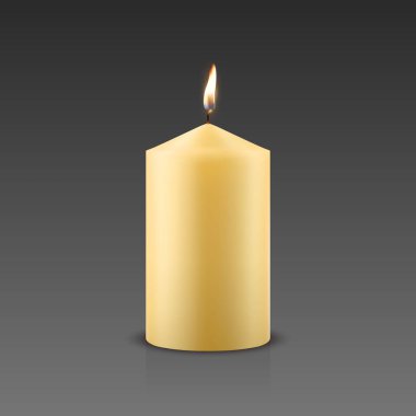 Vektör 3D Gerçekçi Parafin Yakma Partisi Spa Mumları ve Yanan Alev Kapanışı. Mum, Mum Alevi Tasarım Gevşeme, Sağlık ve Kutlama Konsepti, Ön Görünüm Şablonu.