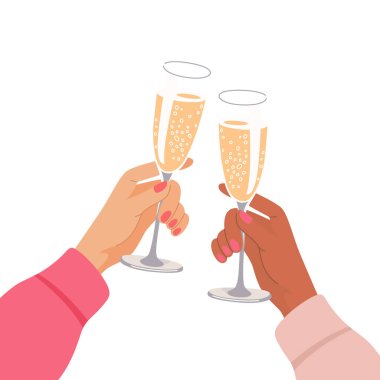 İki Kadın Elleri Köpüklü Şarap Kadehi. Şarap Kadehi Tutan Kadınlar. Tatilleri Kutlayan Karakterler. Parti Konsepti. Düz Çizgi film Vektör İllüstrasyonu.