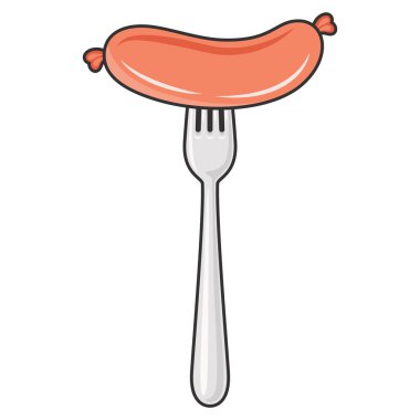 Beyaz arka planda izole edilmiş Vektör Düz Sosis ve Çatal Simgesi. Çizgi film Stili Sosis ve Çatal Tasarım Şablonu, Renk Çizimi. Gıda ve Mutfak Konsepti.