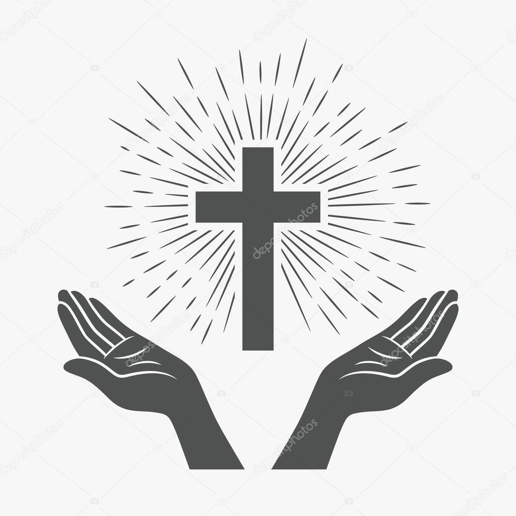 Black and White Open Hands with Cross and Divine Light, Symbol of Faith and Prayer. Design Template for Church Logo. Prayer, Religion Concept Monochrome Cut Out Silhouette Icon. Vector Illustration.