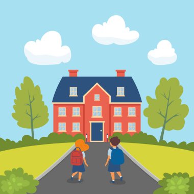 Back to School Background. Two Cartoon Kids with Backpacks Walking Towards School Building. Colorful Flat Style Design with Text. Education, Learning, School Theme Design Template. Vector Illustration clipart