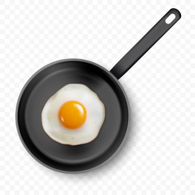 Vektör 3d Fried Egg in the Frying Pan, Top View 'da izole edildi. Çırpılmış yumurta, sahanda yumurta, omlet tasarımı. Lezzetli Kahvaltı, Yemek, Mutfak Konsepti.