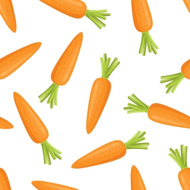 Beyaz Arkaplanda Çizgi Film Havuçlarının Kusursuz Şekilleri. Sağlıklı Yeme, Organik Gıda, Çocuk Besleme, Oyuncak Tasarım Şablonu için Taze Turuncu Havuç Baskısı.